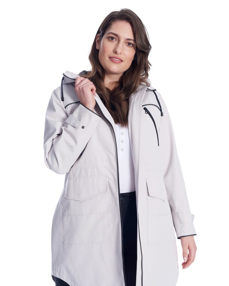 Front of a model wearing a size 1X Drawstring Raincoat in Platinum by Alpine North. | dia_product_style_image_id:279039